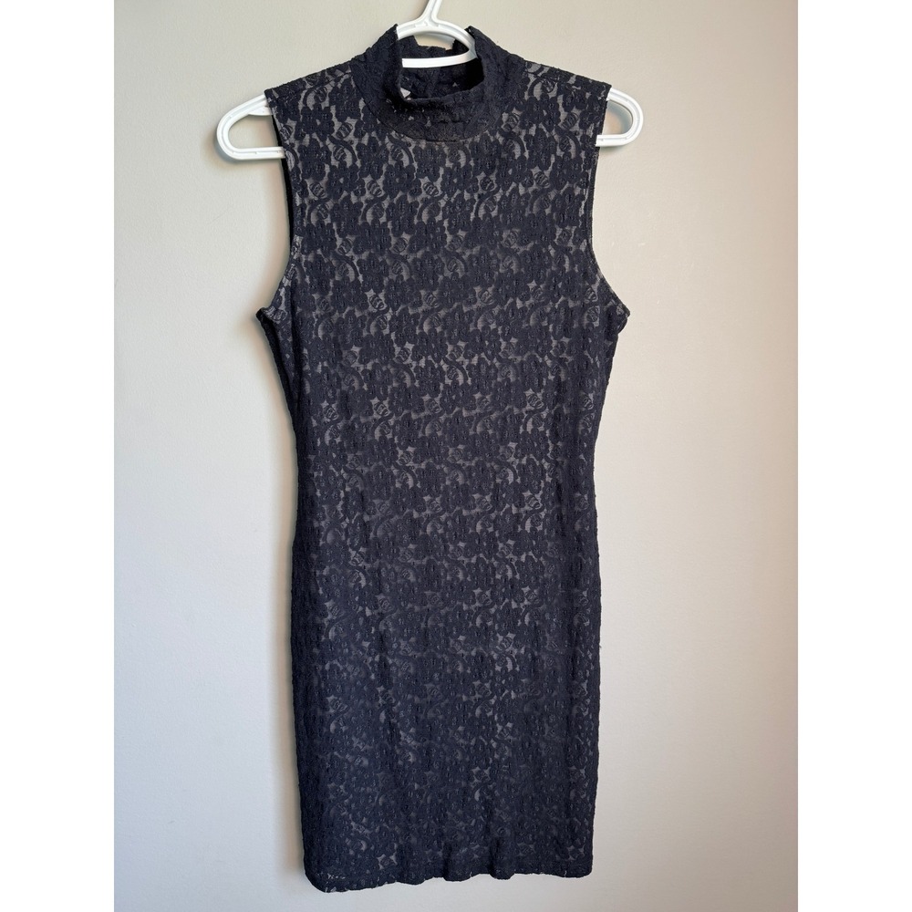 Rampage Women's Lace Mock Neck Open Back Dress L Black Goth Coquette Party